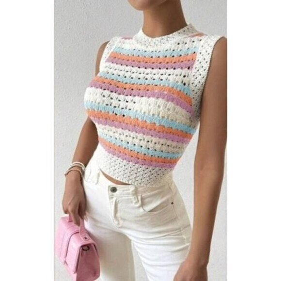 Multicolor Contrast Stripe Hollow Out Sleeveless Knitted Top - Picture 2 of 5